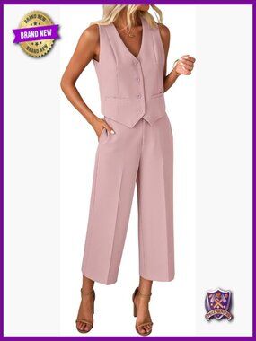 Dressy Casual 2 Piece Pant Sets Sleeveless Blazer Vest Wide Leg Capri Pants